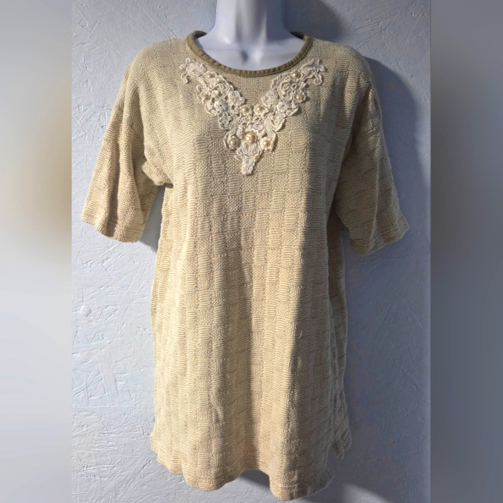 Vintage Y2K Nicole Valentine Tan Knit Tunic W/ White Applique - Large